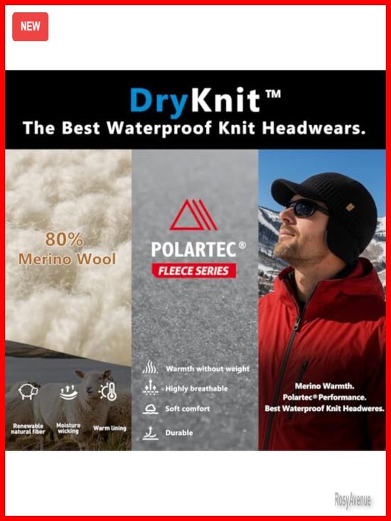 DryKnit Waterproof Merino Wool Beanie with Ear Flaps Fleece-Lined Stretch Fit main image 5